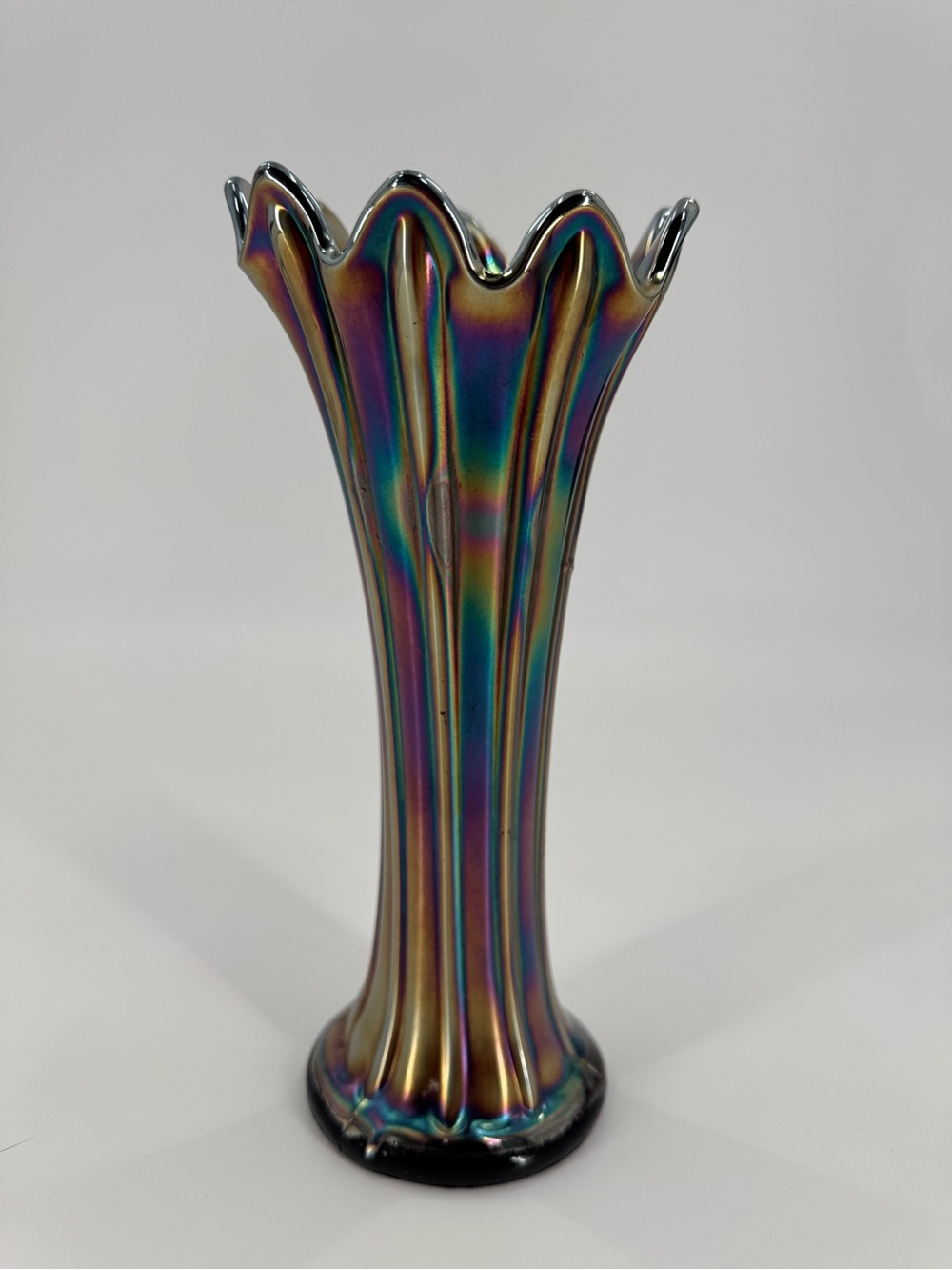 Antique Fenton Flute Amethyst Carnival Glass Swung Vase 10"